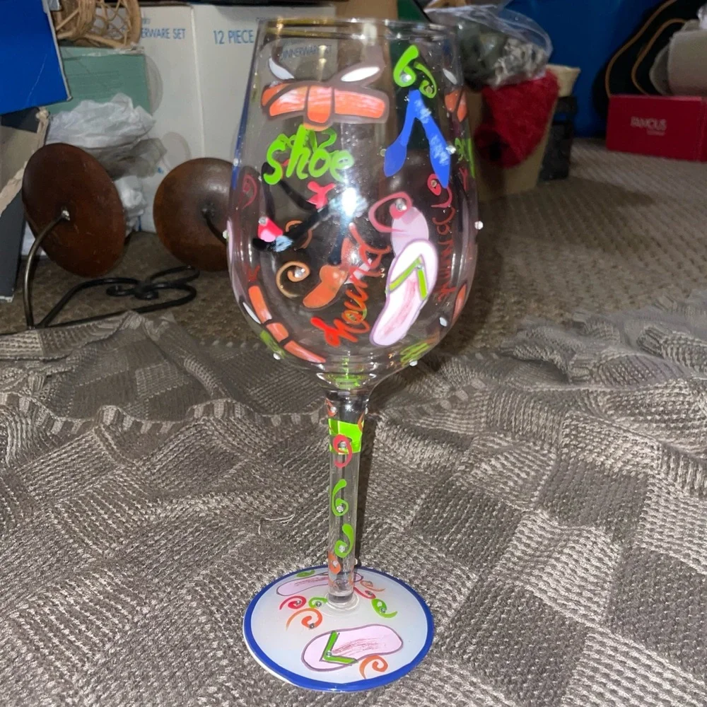 Vintage Lolita Hand-Painted Wine Glass w/Gift Box-Shoe Hound theme. Hand painted